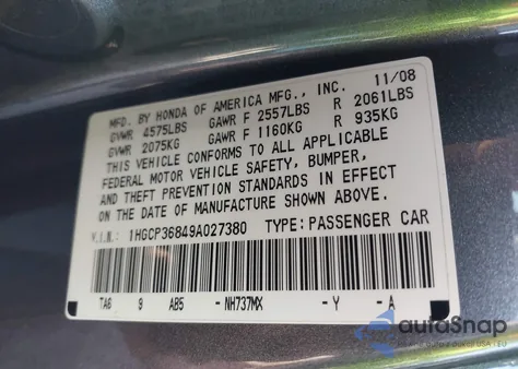 2009 Honda Accord 3.5 Ex-L from USA, damaged, VIN 1HGCP36849A027380